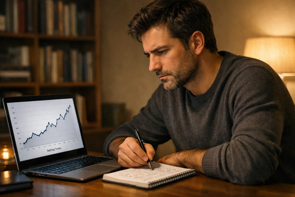 Persona concentrata analizza le quote di una partita di calcio su laptop