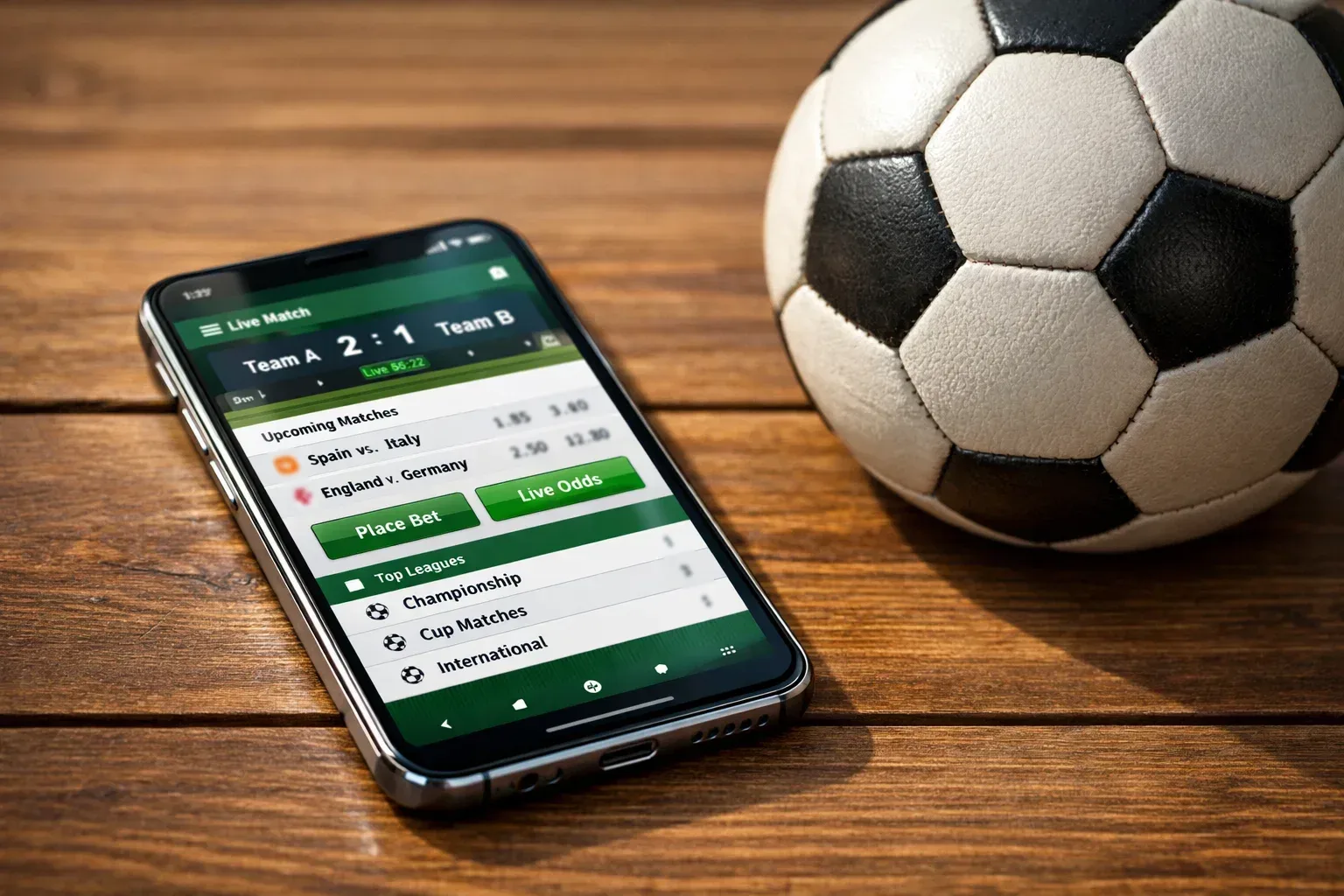Smartphone con app di scommesse sportive e pallone da calcio
