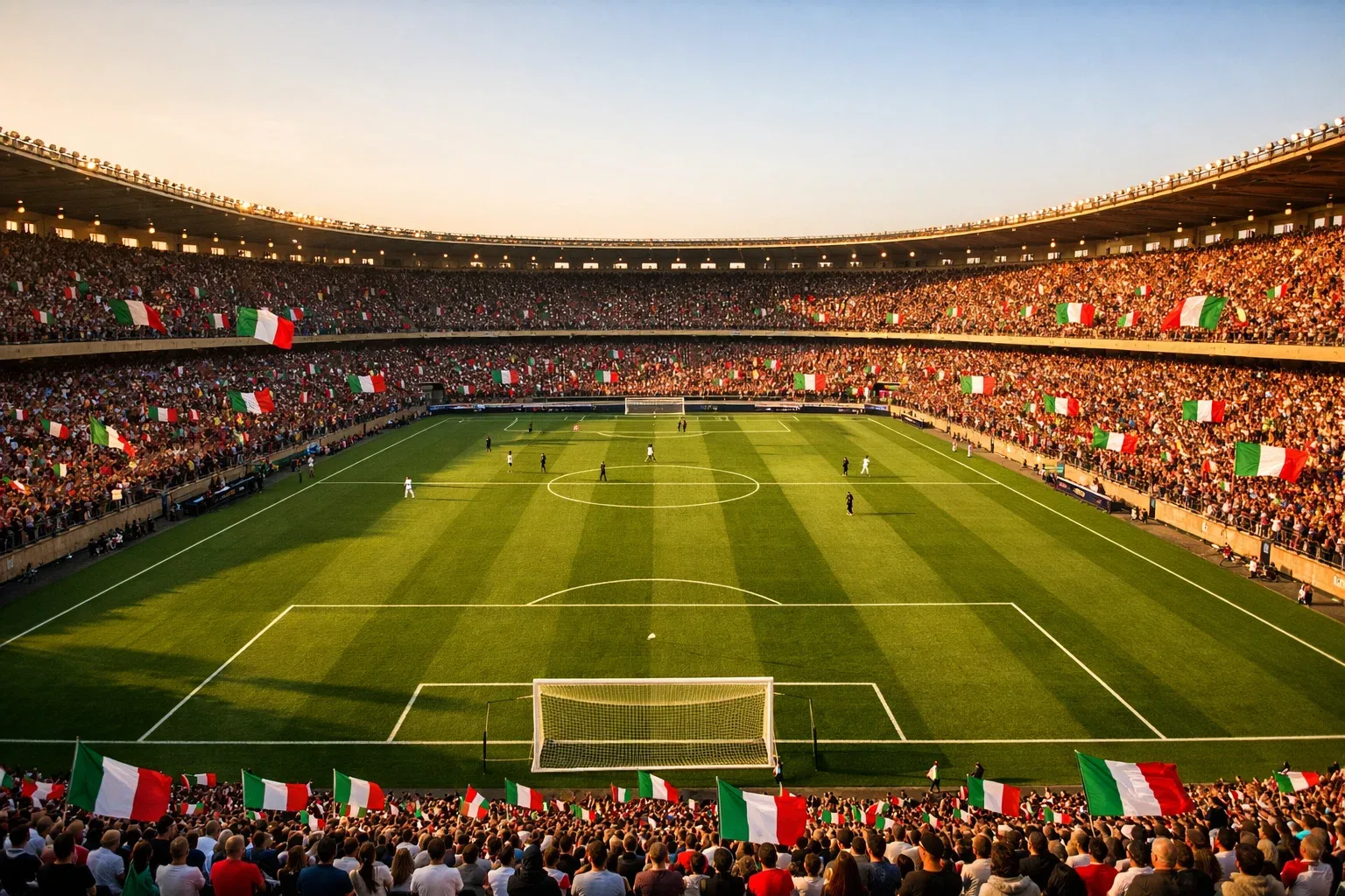 Stadio di calcio italiano con bandiere tricolori sugli spalti