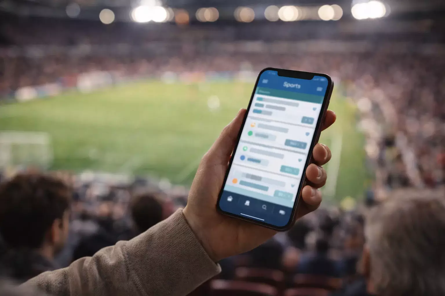 Mano che tiene uno smartphone durante una partita di calcio allo stadio