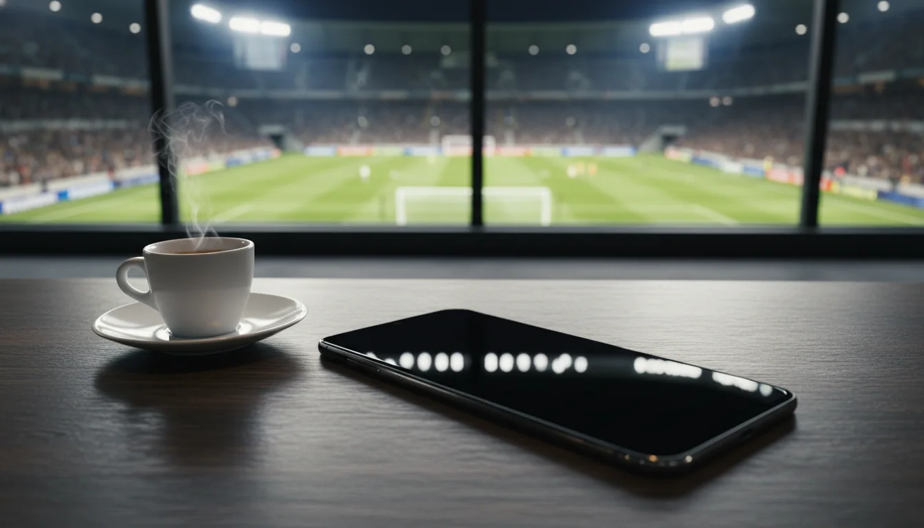 Smartphone su un tavolo con stadio di calcio illuminato sullo sfondo