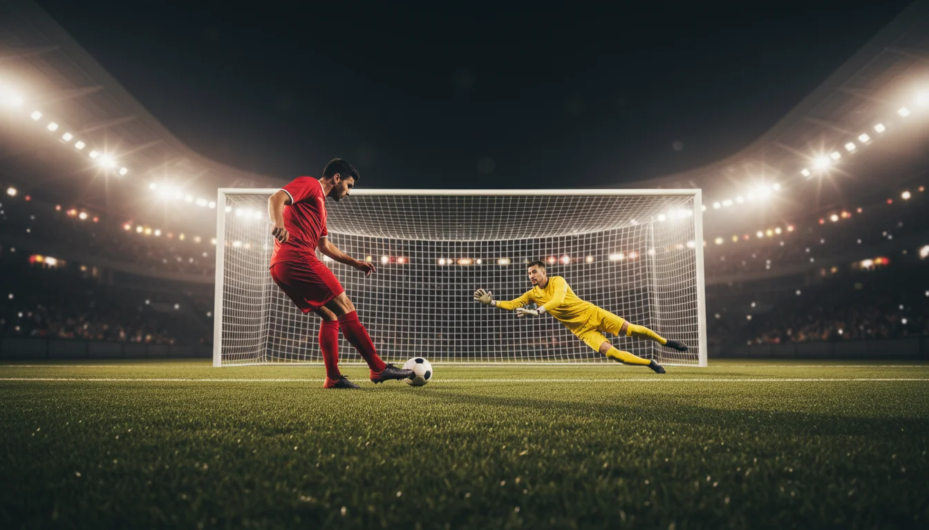 Partita di calcio su campo in erba con attaccante che tira verso la porta
