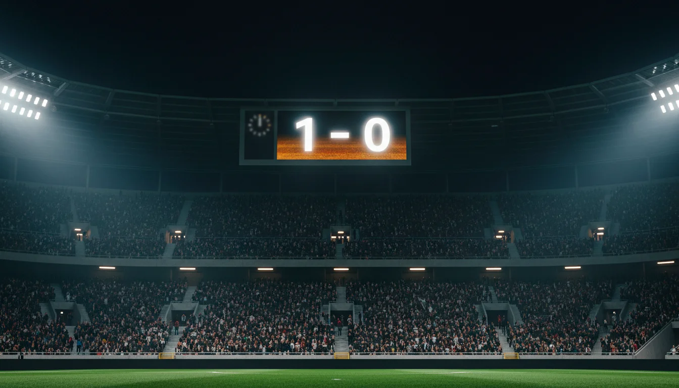 Tabellone segnapunti di uno stadio di calcio illuminato durante una partita serale