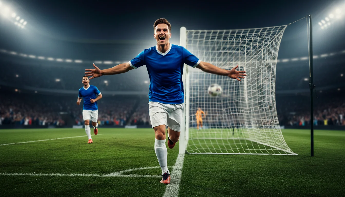 Calciatore esulta dopo aver segnato un gol su campo da calcio in erba