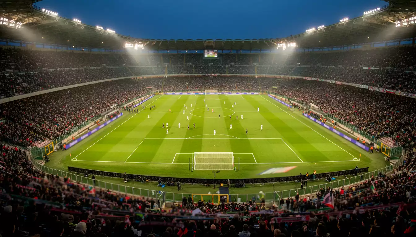 Stadio di calcio italiano pieno di tifosi durante una partita di Serie A serale