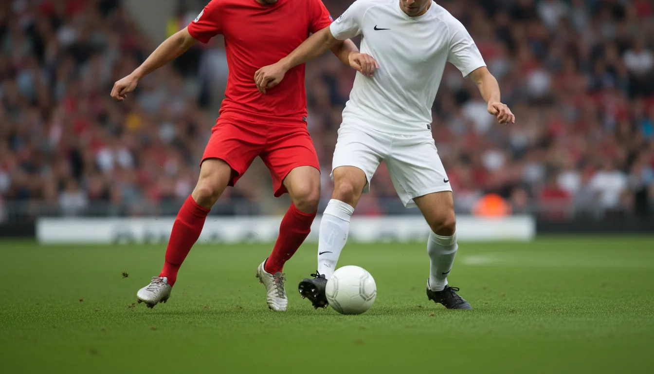 Azione di gioco su campo da calcio in erba con due giocatori in contrasto