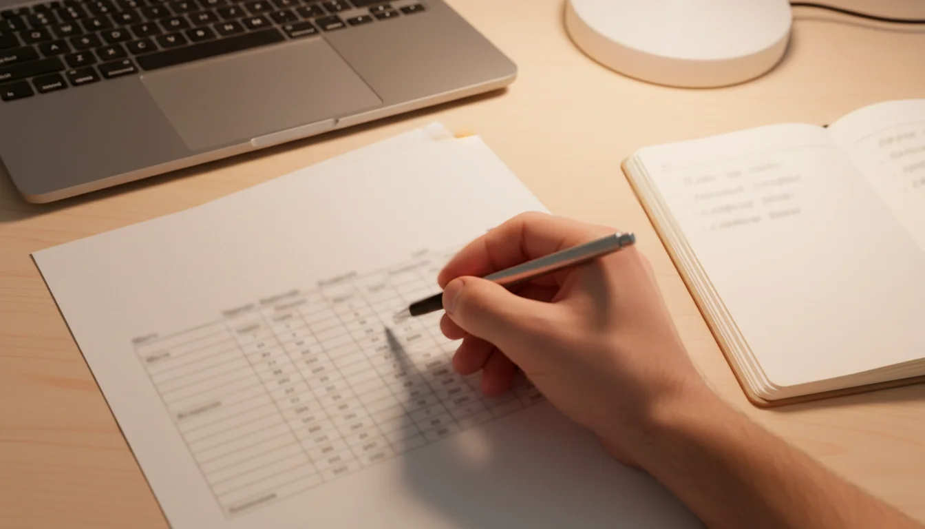 Persona che studia statistiche su fogli di carta con penna in mano