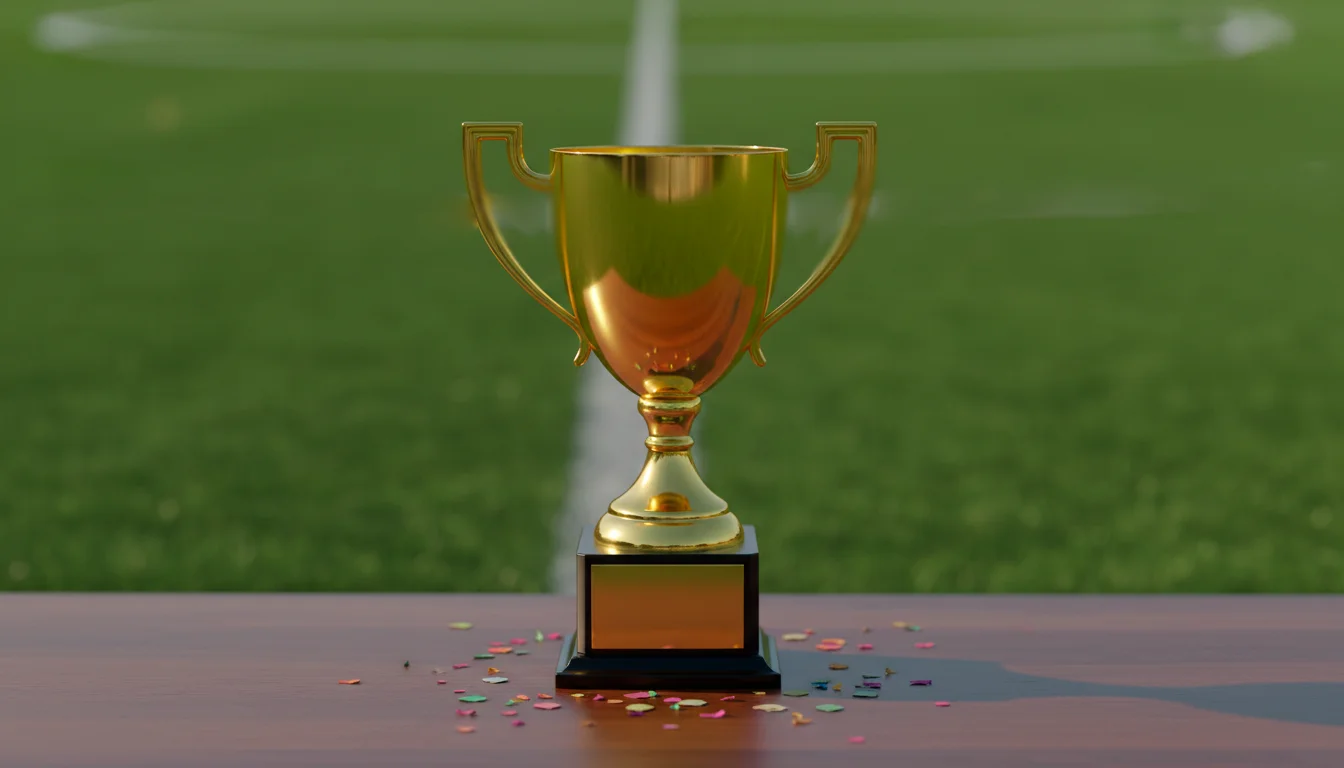 Trofeo dorato su un tavolo con sfondo sfocato di campo da calcio verde
