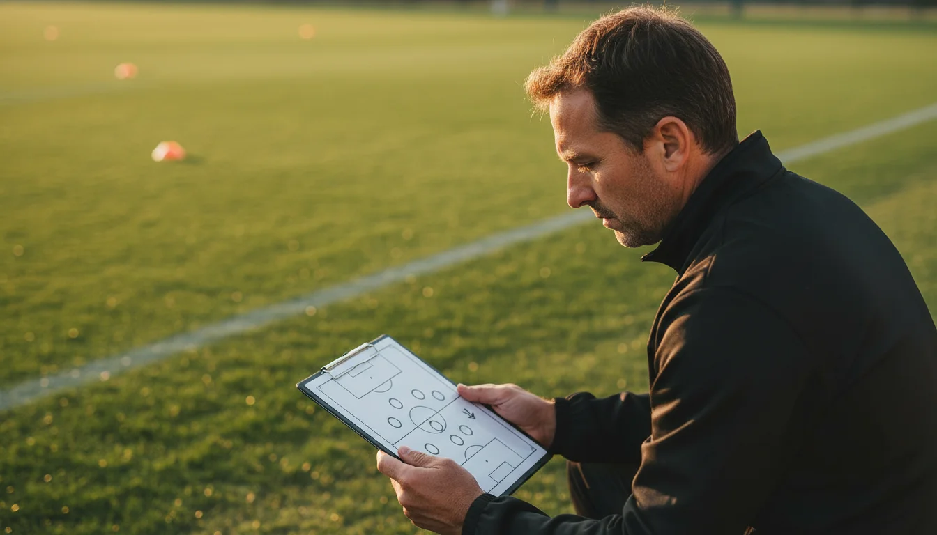 Allenatore di calcio che studia appunti tattici su un blocco note a bordo campo