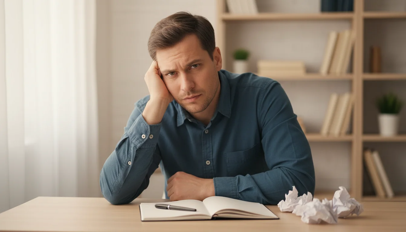 Uomo con espressione pensierosa seduto a una scrivania con fogli sparsi