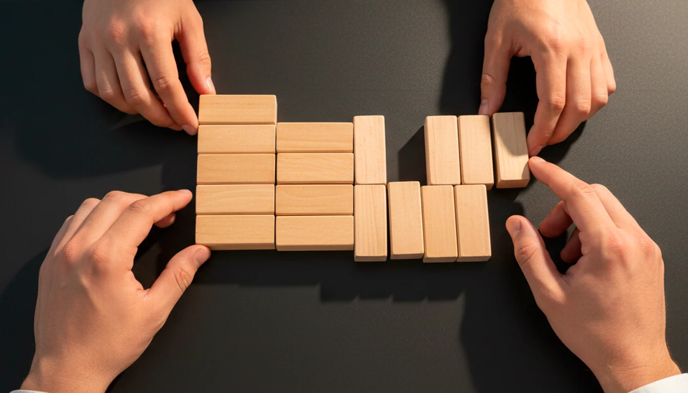 Mani che compongono tessere su un tavolo con sfondo di campo da calcio