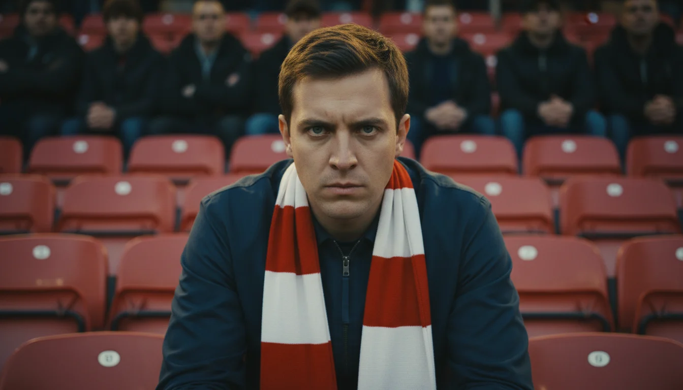 Tifoso di calcio in tribuna con sguardo concentrato durante una partita
