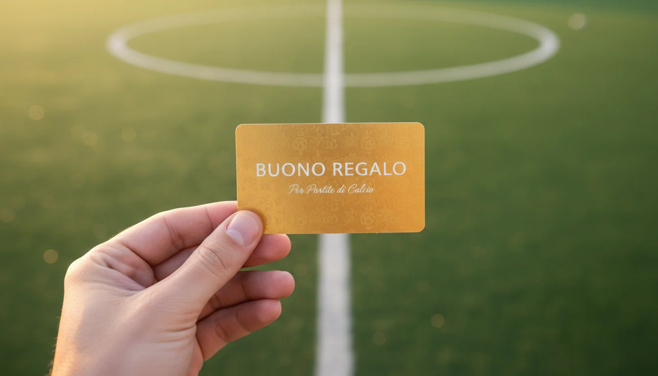 Mano che riceve un biglietto omaggio davanti a un campo da calcio verde