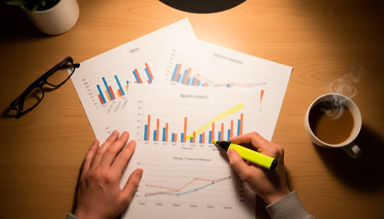 Persona che consulta grafici stampati su carta con evidenziatore colorato