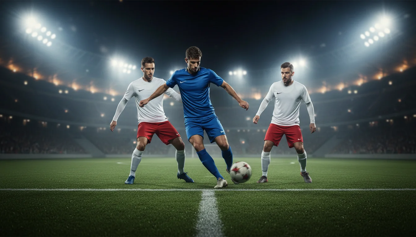Partita di calcio in corso su campo in erba sotto i riflettori dello stadio