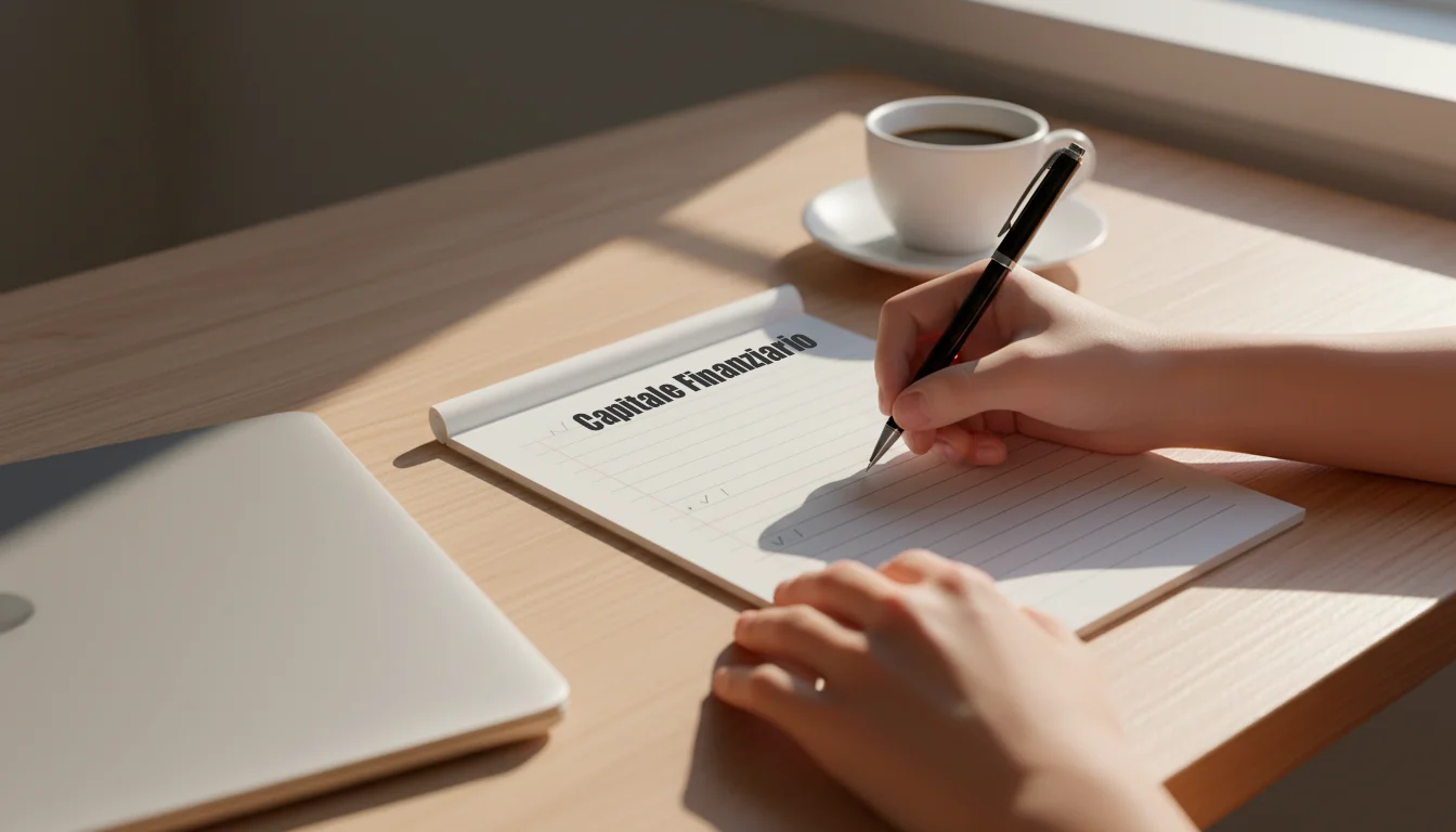 Persona che scrive su un quaderno con penna accanto a una tazza di caffè