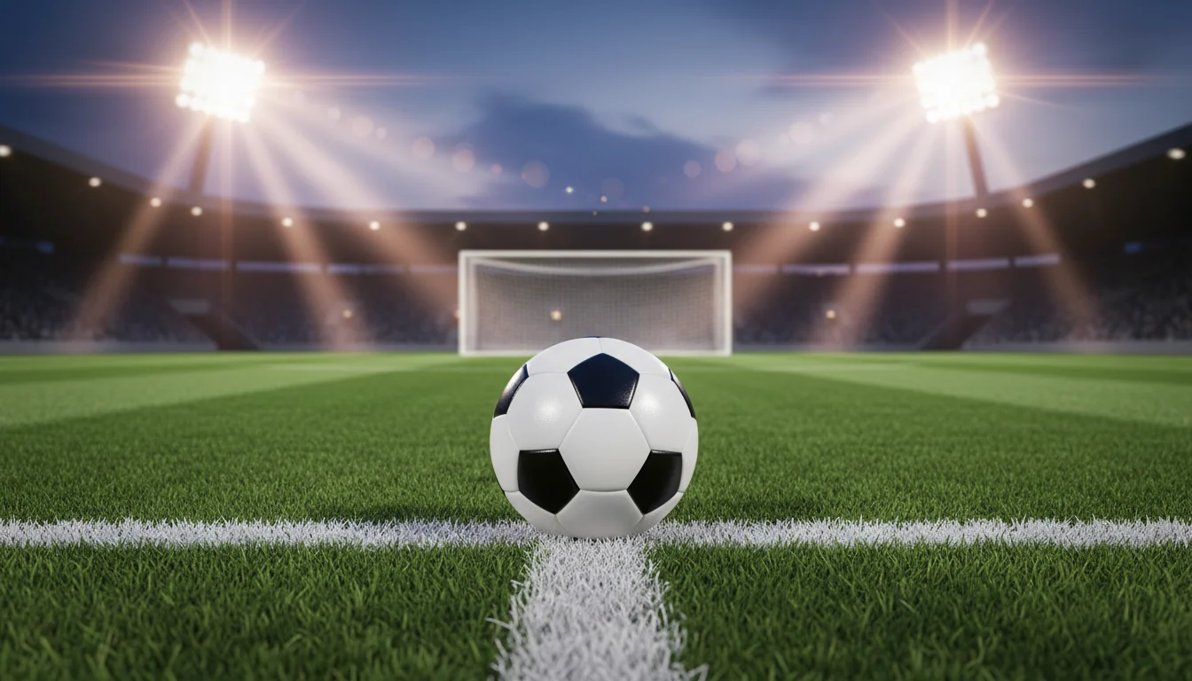 Pallone da calcio fermo sulla linea di porta su campo in erba sotto i riflettori