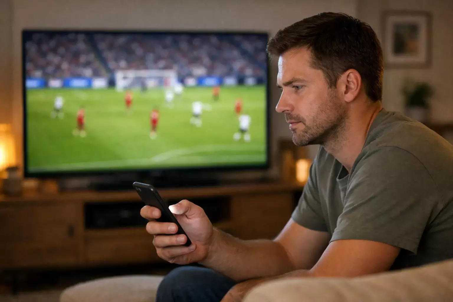 Tifoso che guarda una partita di calcio su smartphone e televisione contemporaneamente