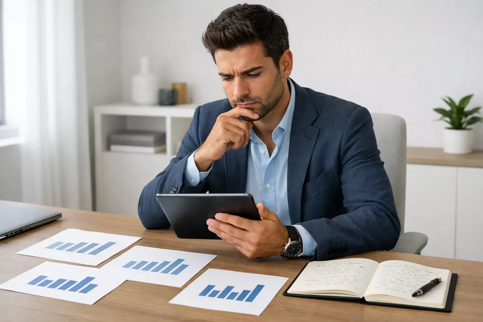 Persona che analizza documenti e confronta opzioni su un tablet