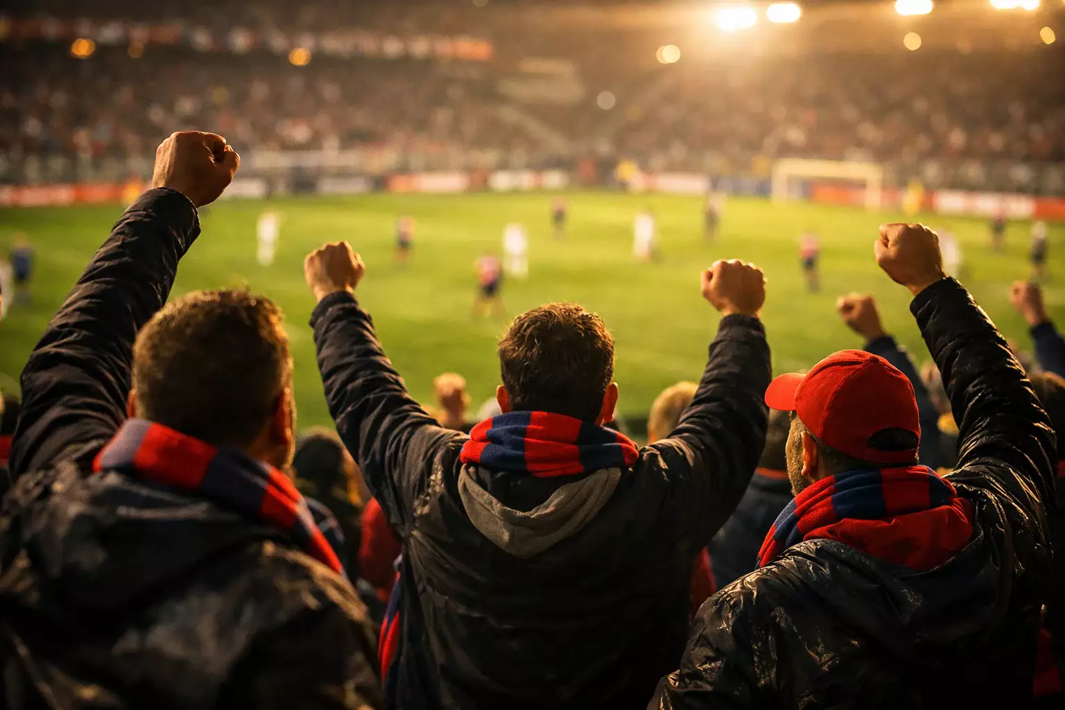 Tifosi che guardano una partita di calcio allo stadio con atmosfera serale