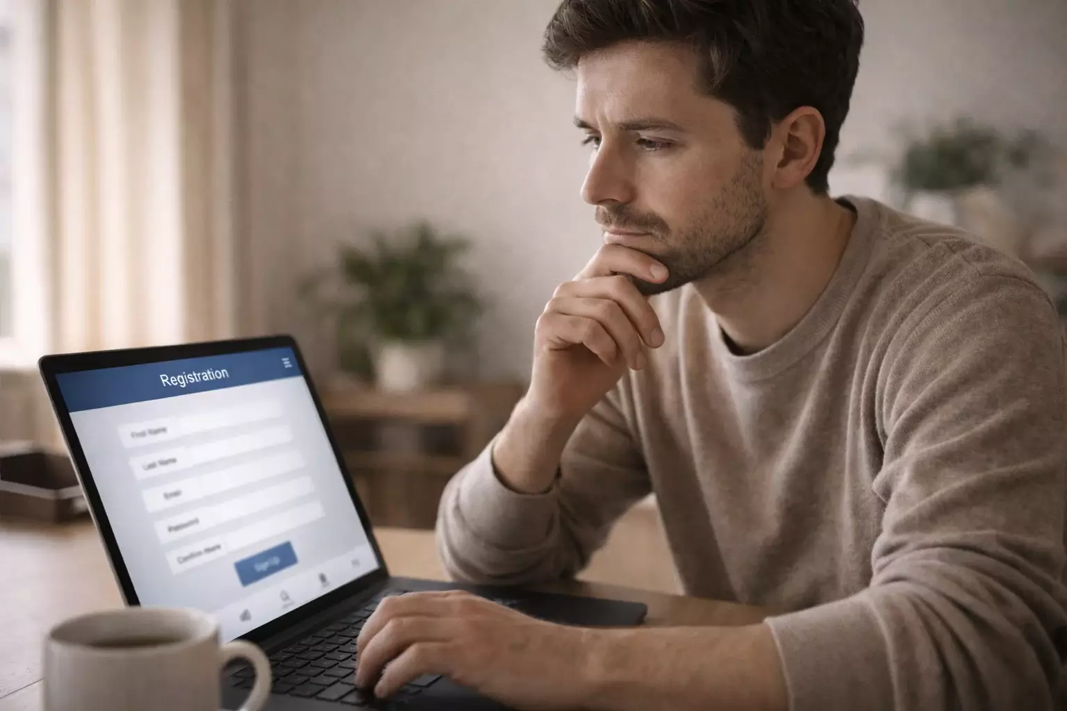 Persona che analizza documenti di registrazione su laptop