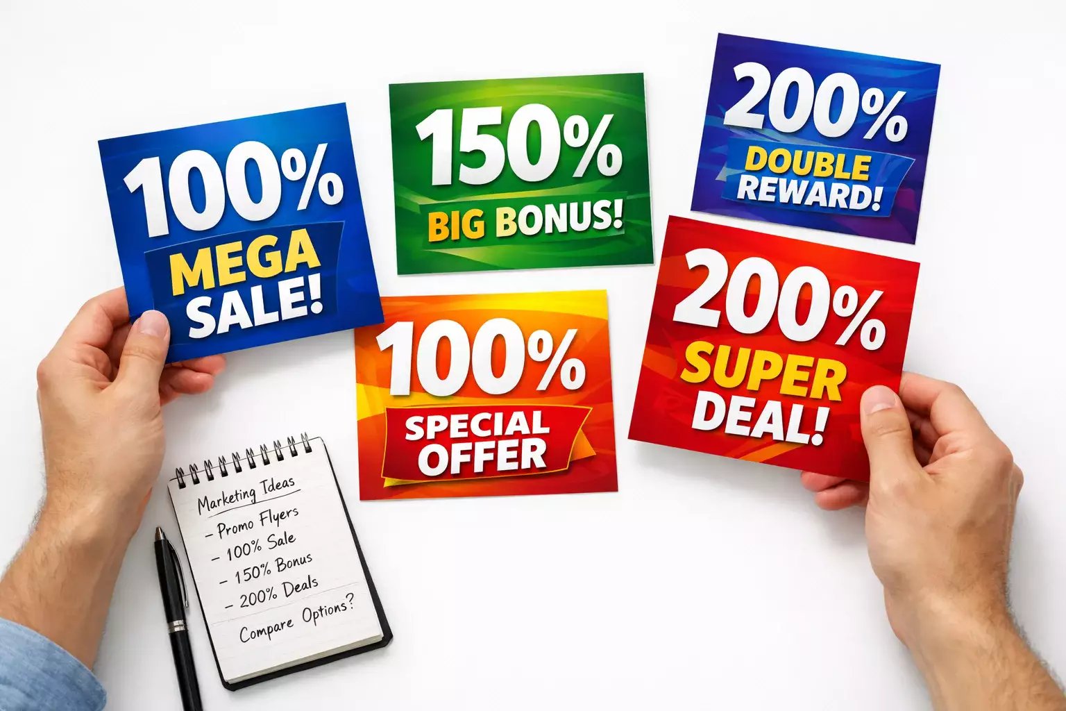Confronto di offerte promozionali su fogli di carta con penna