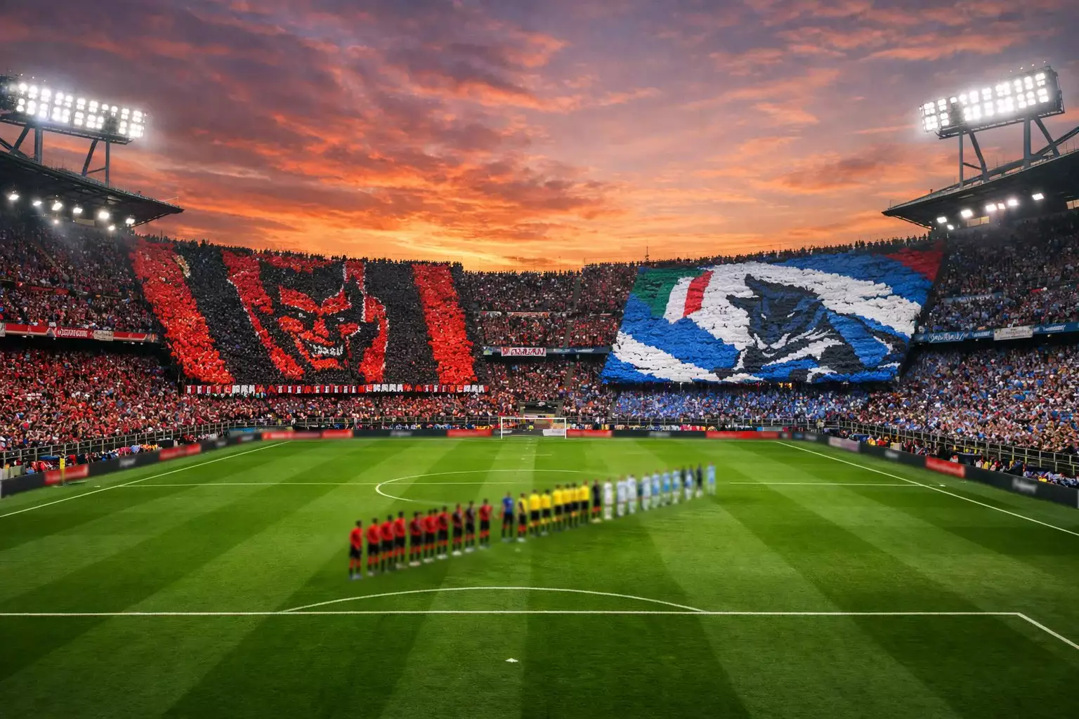 Partita di calcio in uno stadio italiano durante un derby