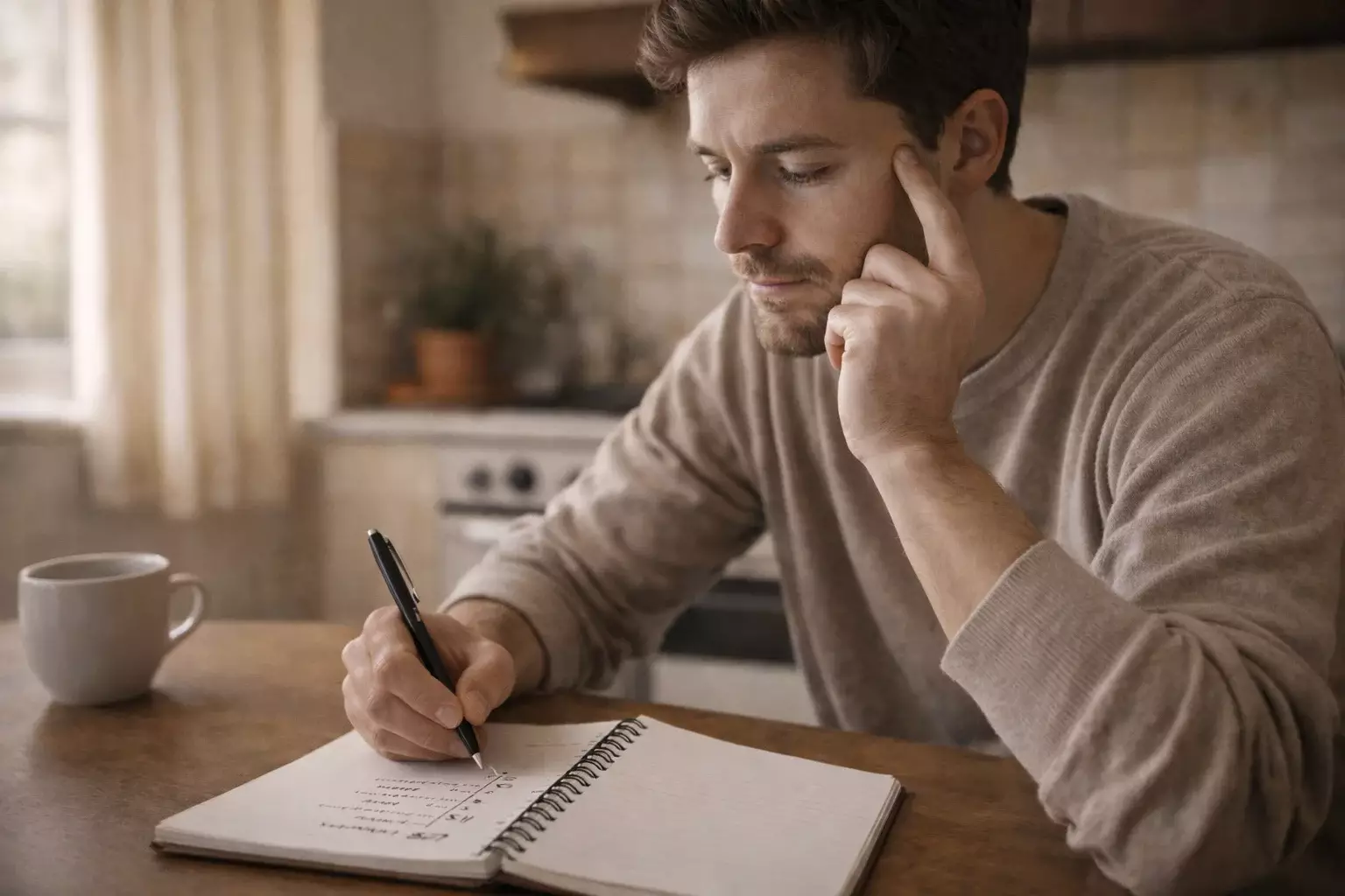 Persona che riflette con un blocco note sul budget personale