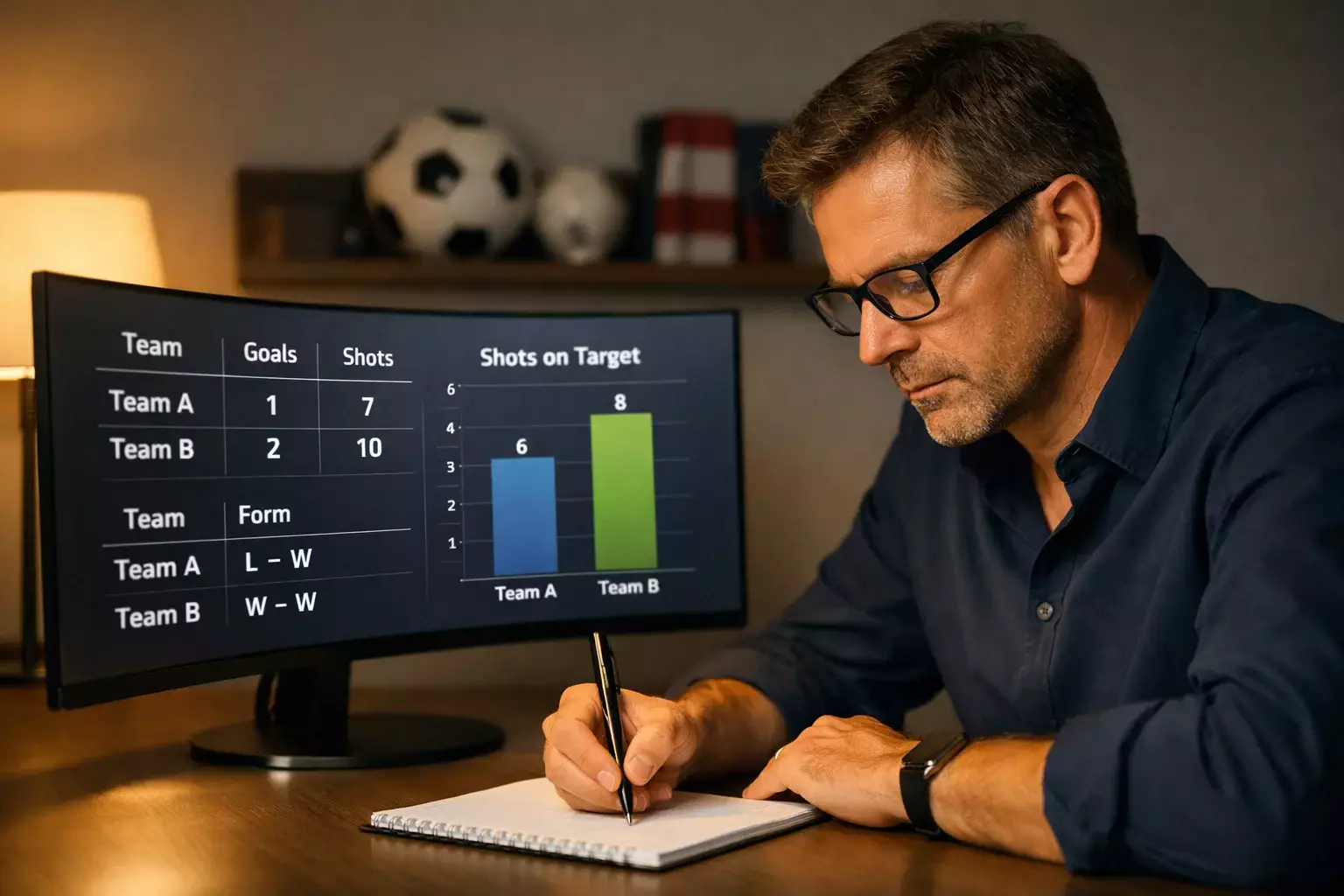 Analista sportivo che studia statistiche di calcio su monitor