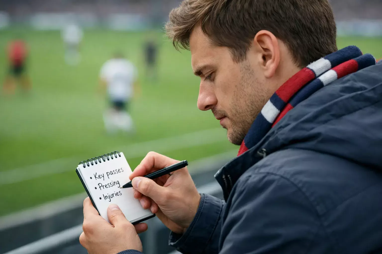 Persona che prende appunti durante una partita di calcio