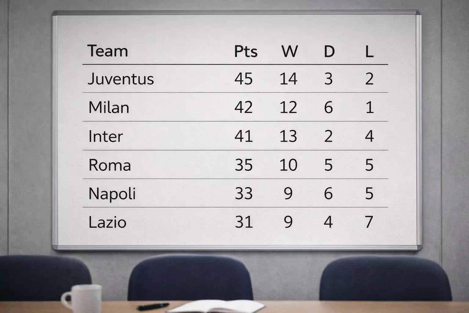 Tabellone con classifica e statistiche di una lega calcistica