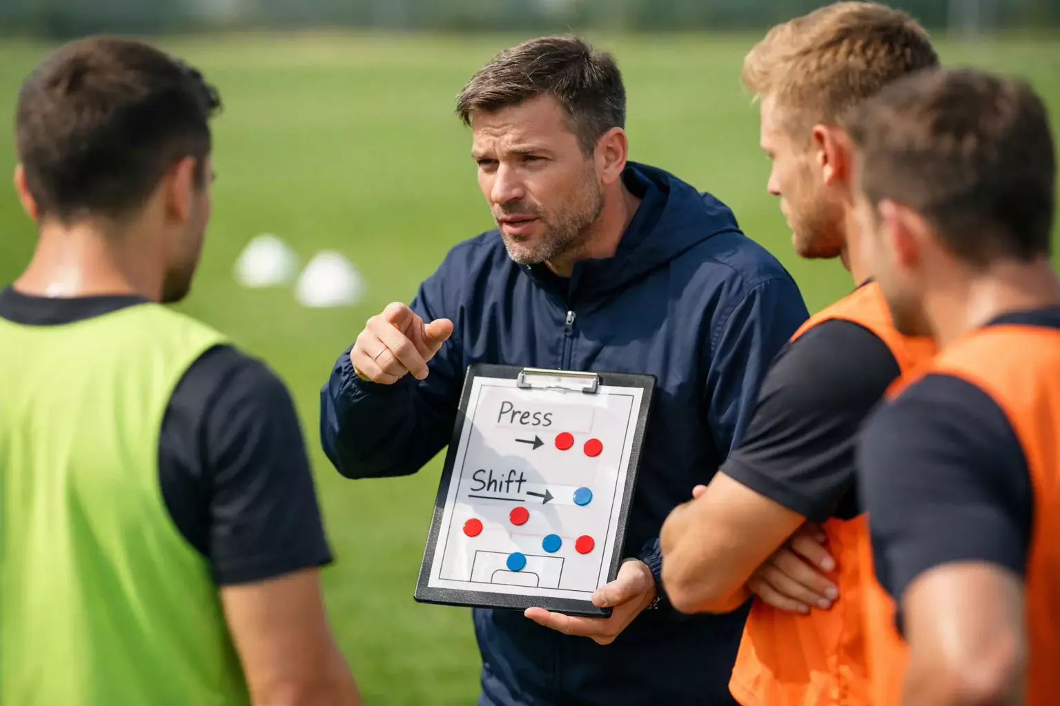 Allenatore di calcio che comunica la formazione ai giocatori