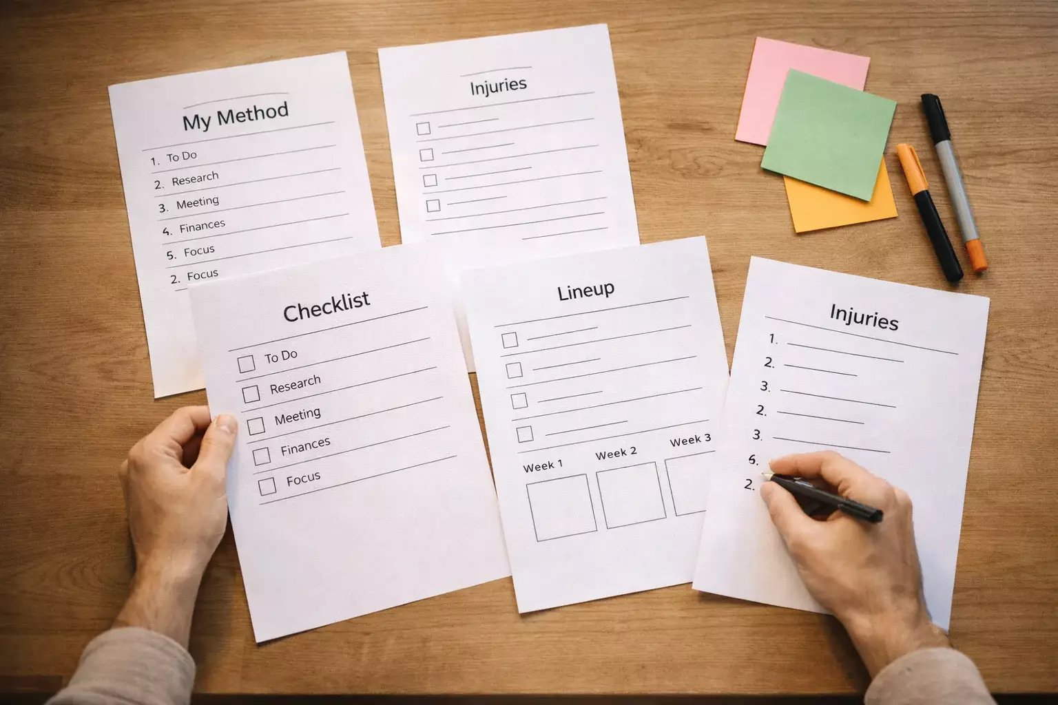 Persona che organizza appunti e crea un sistema di analisi