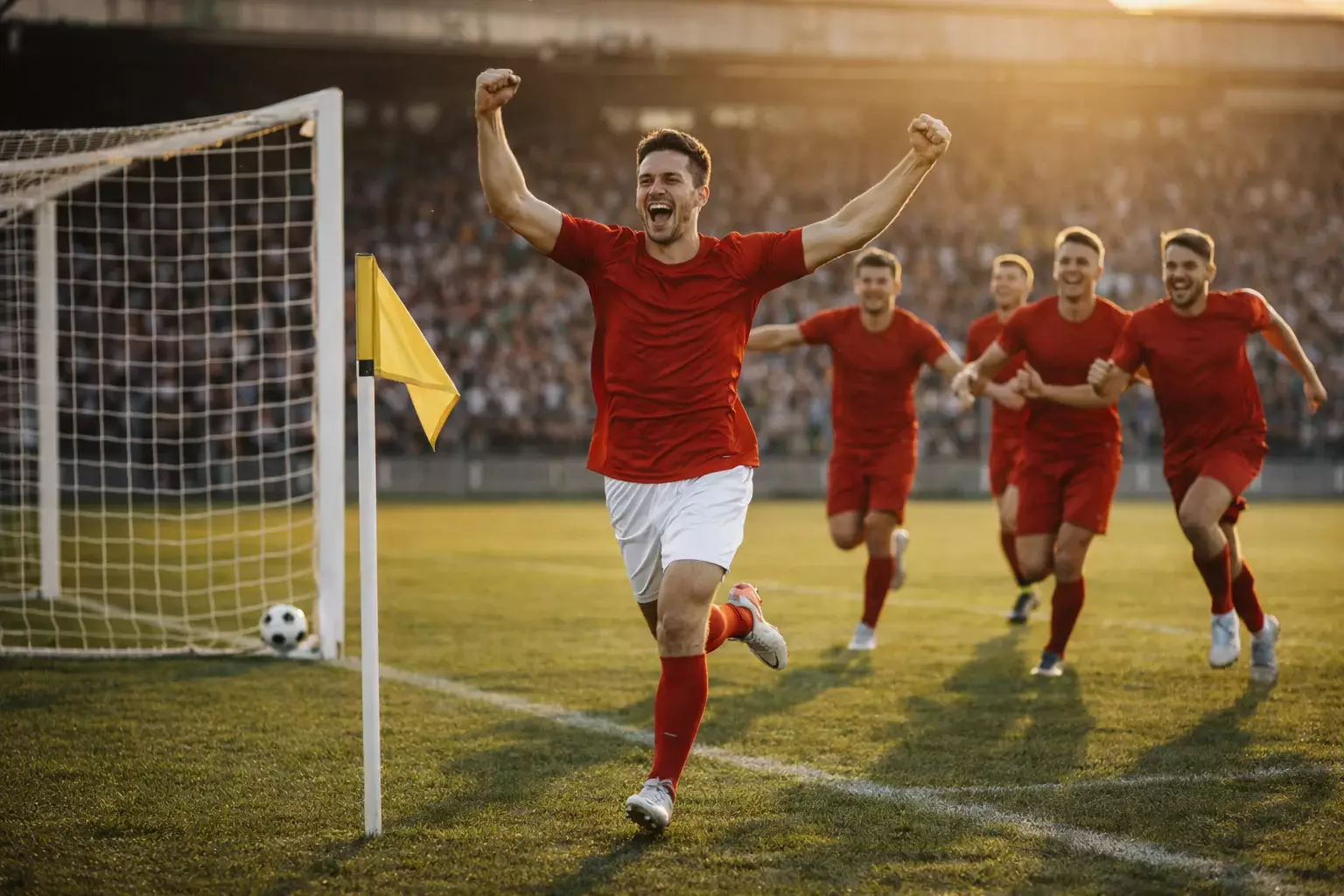 Momento di un gol durante una partita di calcio con esultanza dei giocatori