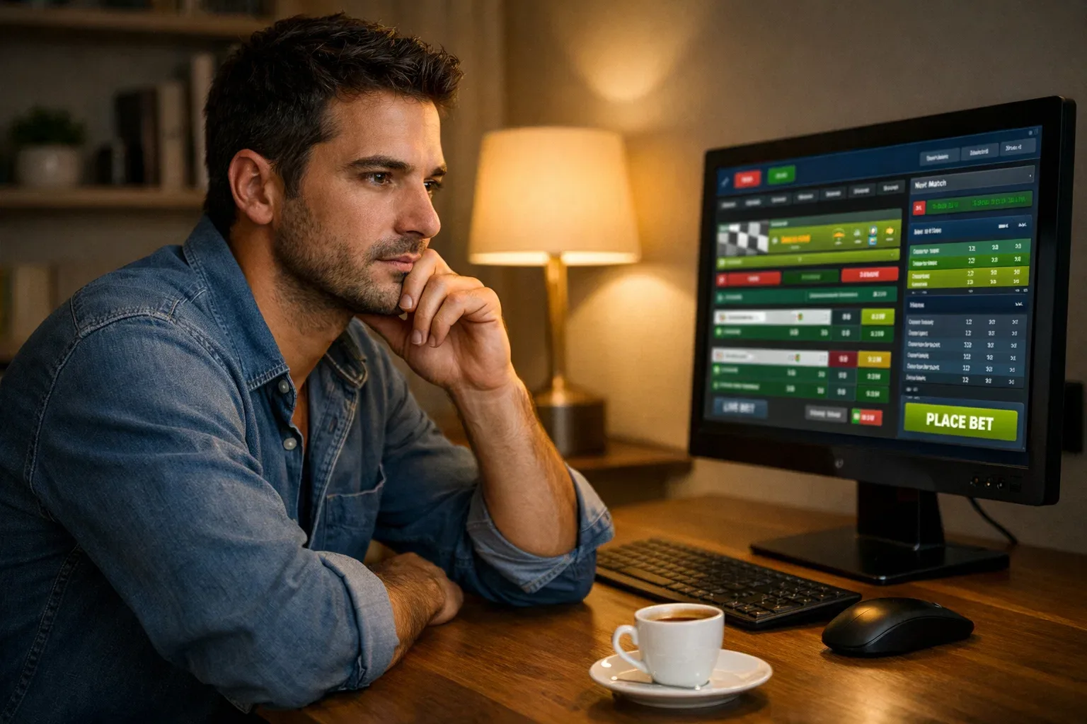 Uomo pensieroso che valuta diverse opzioni davanti al computer