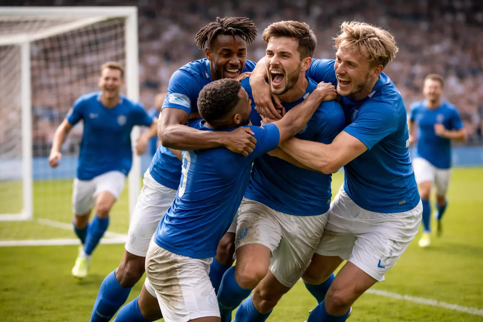 Calciatori che festeggiano un gol abbracciandosi sul campo in erba