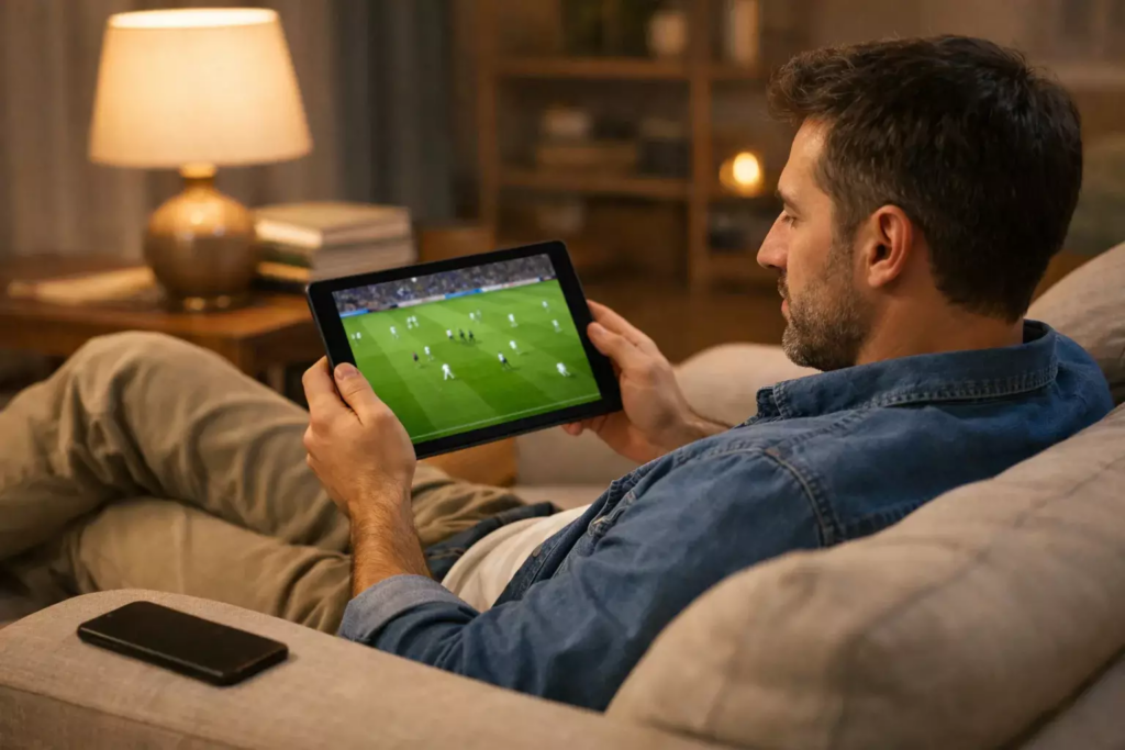 Tifoso segue partita di calcio in diretta su tablet mentre consulta le quote