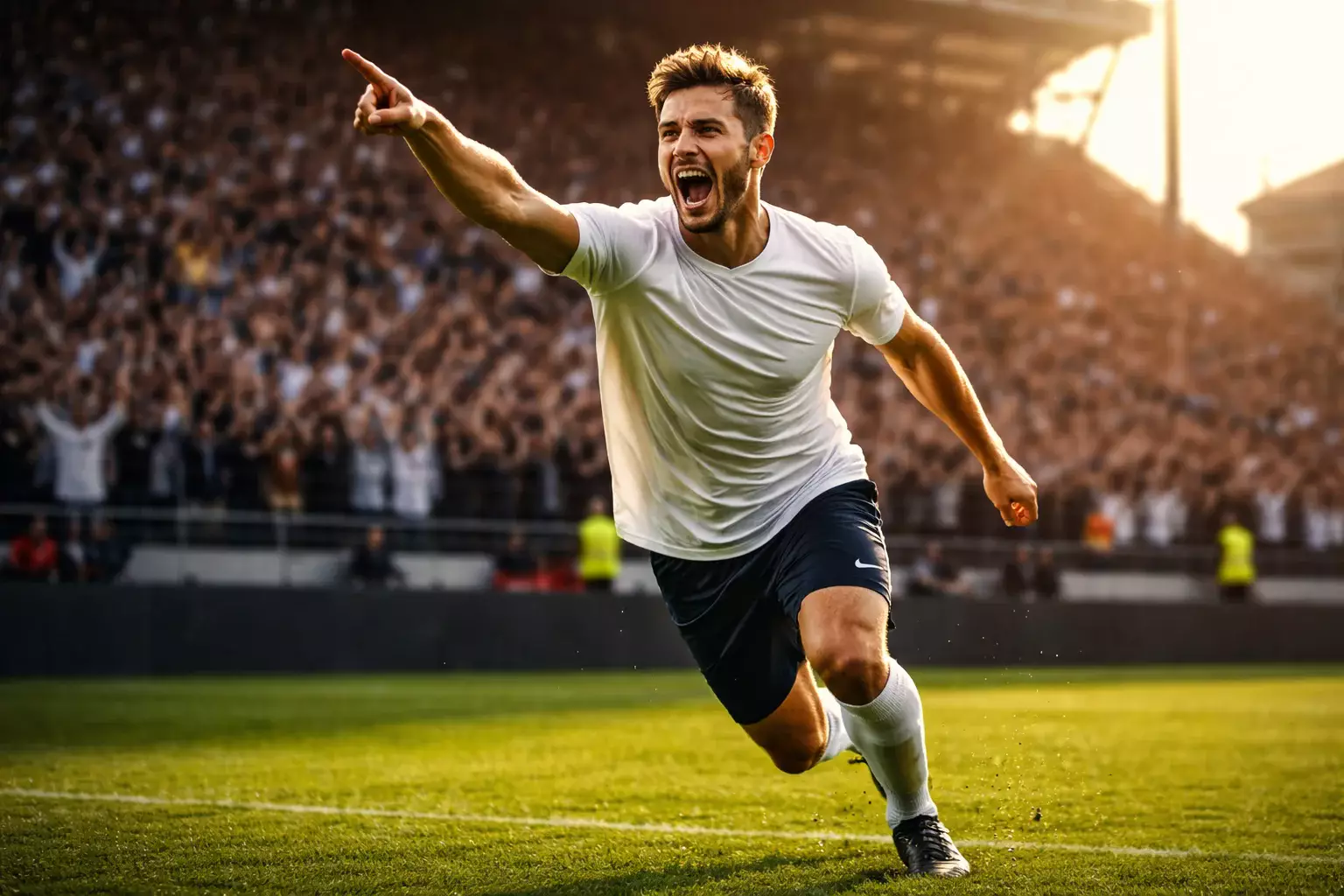 Attaccante che esulta dopo aver segnato un gol indicando la curva dei tifosi