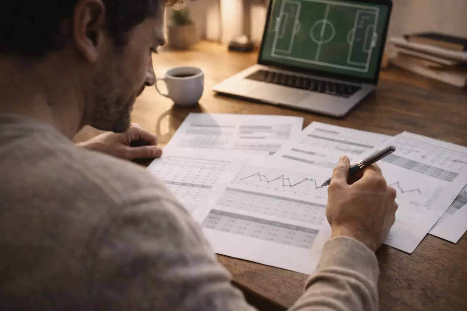 Analista sportivo che studia documenti con dati e statistiche delle partite