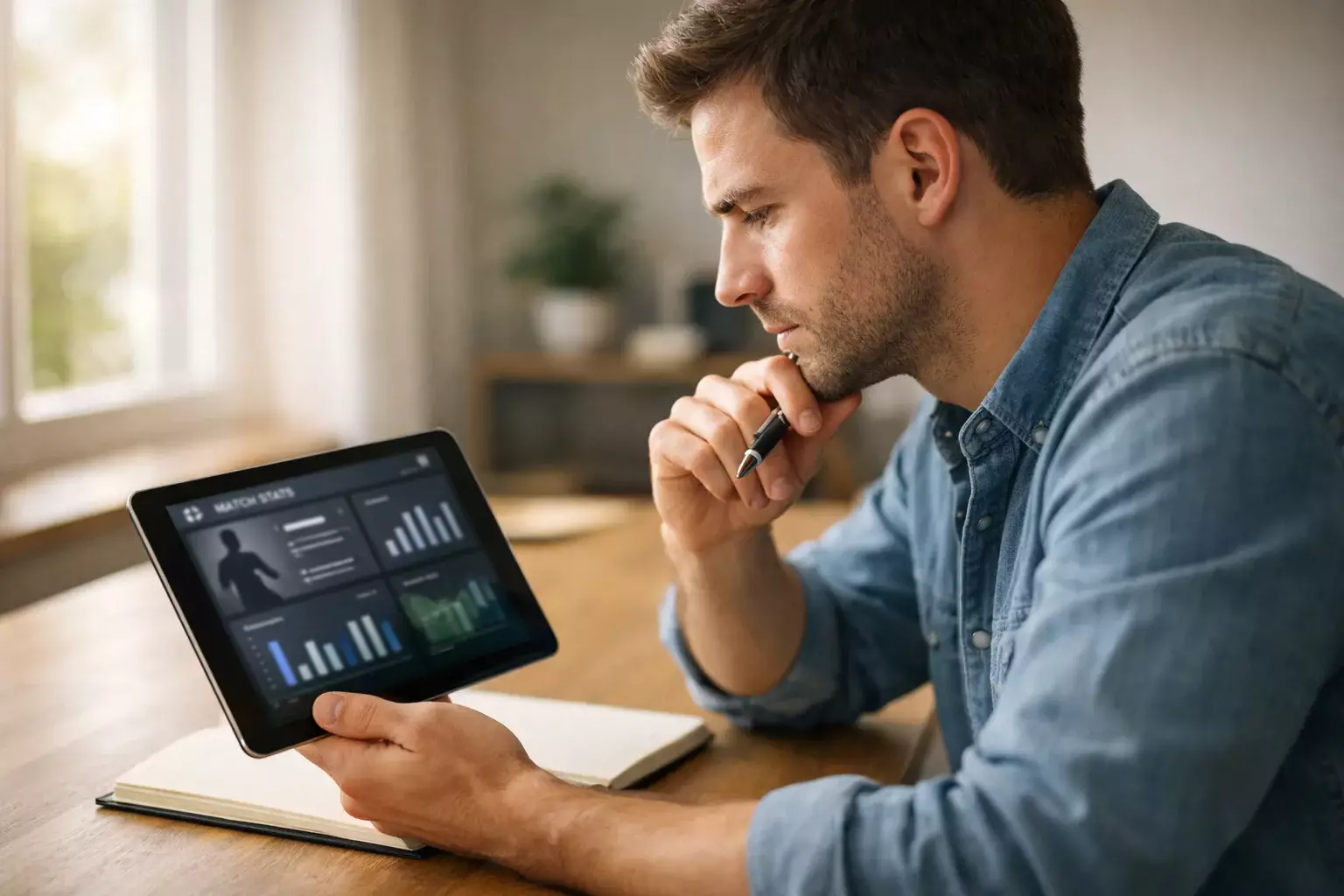 Persona che analizza statistiche di calcio su tablet con quaderno di appunti