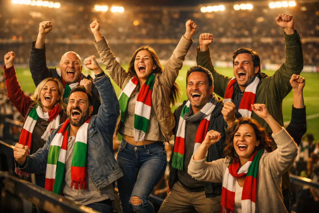 Tifosi italiani esultano allo stadio durante una partita di Serie A